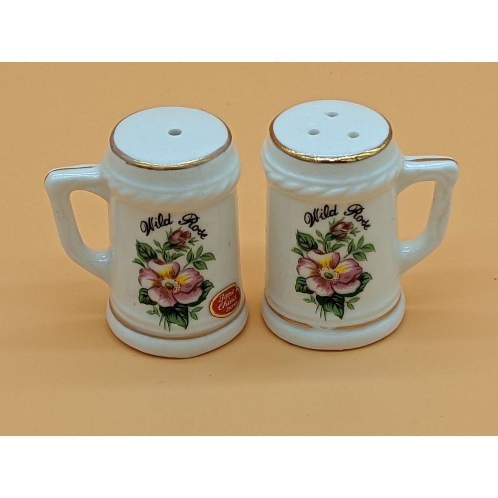 Vintage Salt and Pepper Shakers Wild Rose Mugs Bone China Japan
